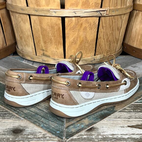 Sperry Angelfish Tan Gold Leather Canvas Lace-Up Boat Shoes Womens Size 5 - Picture 5 of 11